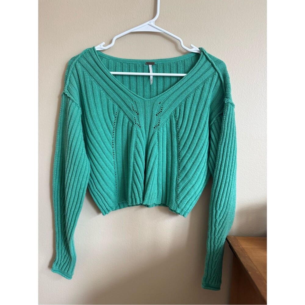Free People Mint Green Ribbed Cropped Knit Sweater XS